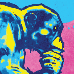 Chimpanzee crouching and holding its chin, like Rodin's The Thinker