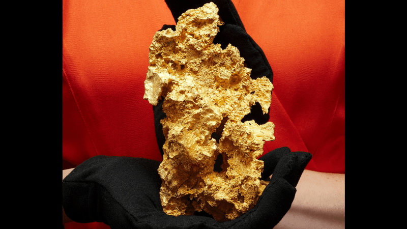 a crystalline gold nugget being held by someone wearing black gloves