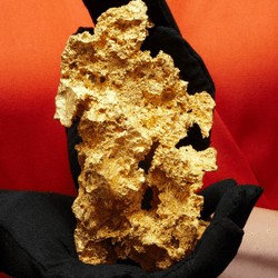 a crystalline gold nugget being held by someone wearing black gloves