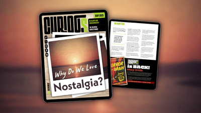 Picture of the cover of CURIOUS magazine: a cover with stacked polaroids showing a sunset in sepai tones adn the cover question"why do we love nostalgia?"