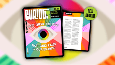 Picture of the cover of CURIOUS magazine:an illustration of an eye surrounded by colors of the rainbow and the cover story question "are there colors that only exist in our brains?"