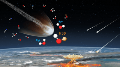 Artist impression fo comets hitting a primordial earth. Some molecules are made gigantic to be visible showing that there are the right components.