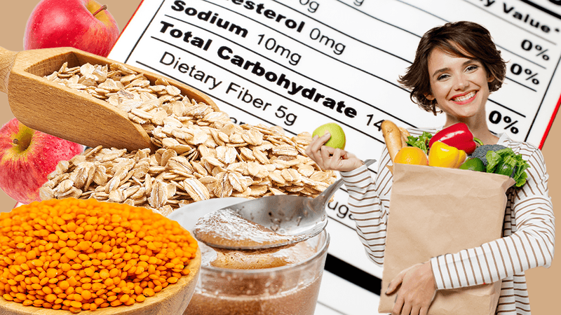 collage of fibrous foods, a food nutrition label, and a woman holding a paper shopping bag full of fruit and vegetables