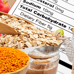 collage of fibrous foods, a food nutrition label, and a woman holding a paper shopping bag full of fruit and vegetables