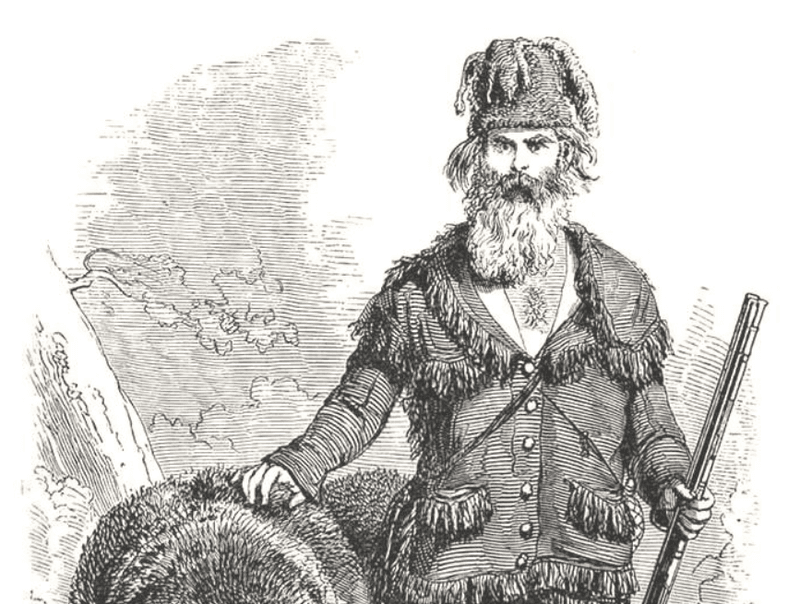 A black-and-white illustration of Grizzly Adams from an old book.