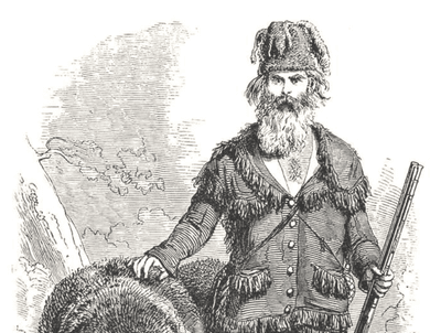 A black-and-white illustration of Grizzly Adams from an old book.