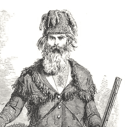 A black-and-white illustration of Grizzly Adams from an old book.