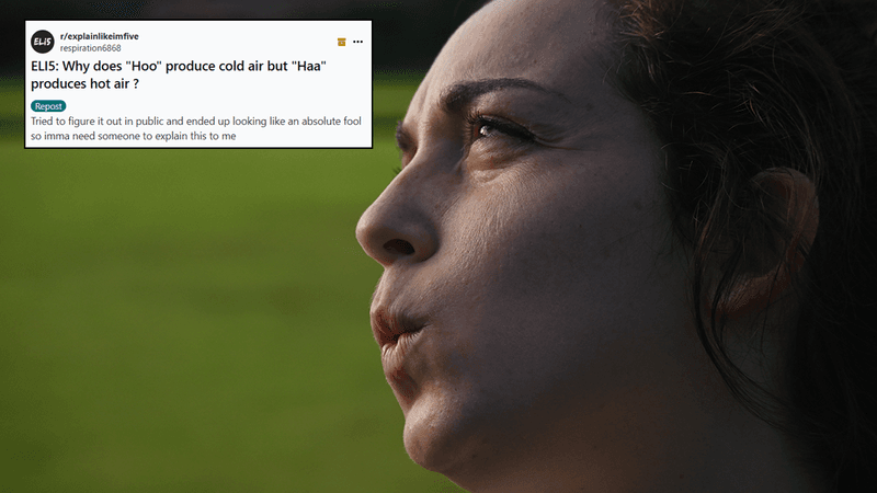 A woman pursing her lips and blowing air.