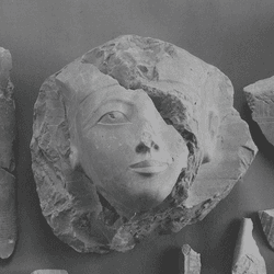 Fragments recovered from an indurated limestone statue of Hatshepsut.