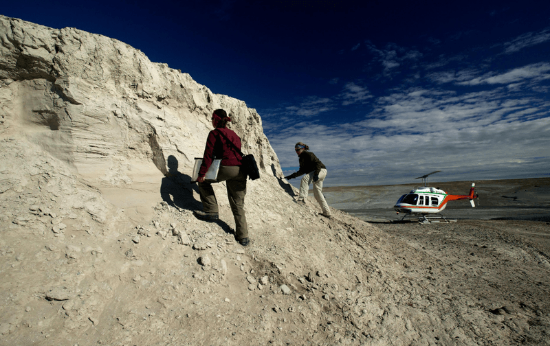 Researchers surveying the unique sedimentary context of the Haughton Formation on Devon Island, Nunavut in far Northern Canada