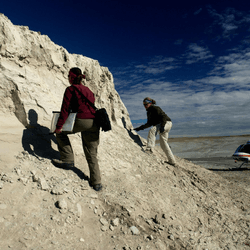 Researchers surveying the unique sedimentary context of the Haughton Formation on Devon Island, Nunavut in far Northern Canada