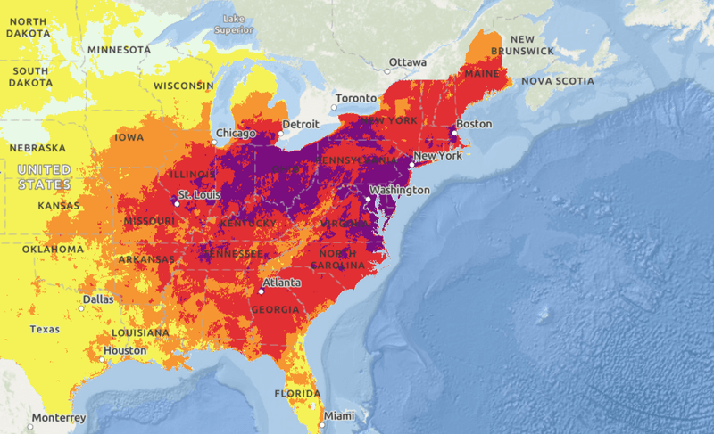 Map of the US showing the Heat Risk for Tuesday, June 24, 2025. Magneta denotes "extreme" risk, while red is "major", orange is "moderate", and yellow is "minor" 