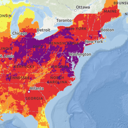 Map of the US showing the Heat Risk for Tuesday, June 24, 2025. Magneta denotes "extreme" risk, while red is "major", orange is "moderate", and yellow is "minor" 