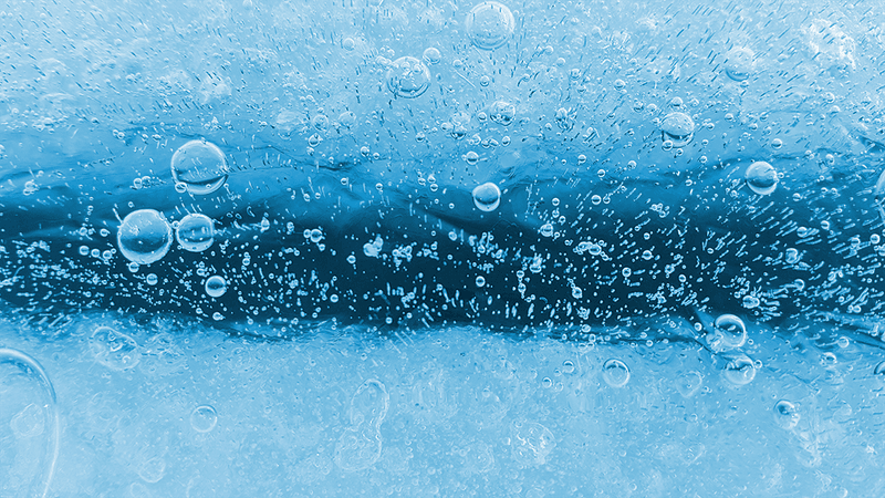 Bubbles of air underneath a layer of ice.