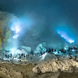 Tourists are the blue lava of Kawah Ijen volcano in East JAva, Indonesia