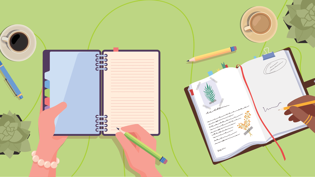 Point of view looking down on a couple of open notebooks with hands holding pens ready to start journaling