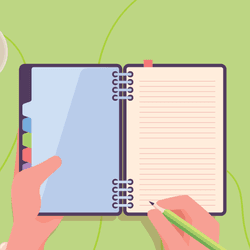 Point of view looking down on a couple of open notebooks with hands holding pens ready to start journaling