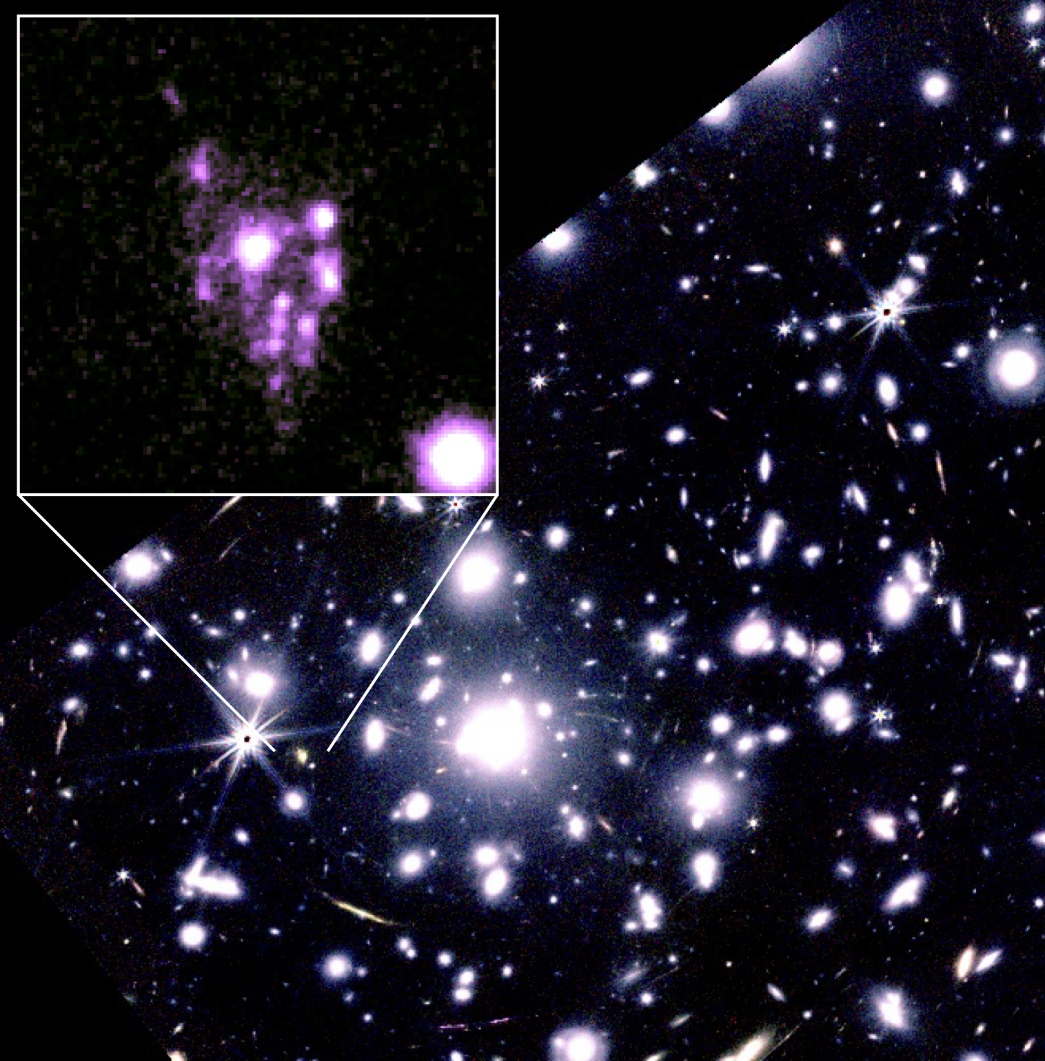 an image of the cluster showing a lot of bright sources and in the inset a pixelated view of the cosmic grapes, that truly look like a bunch of grapes. an image of the cluster showing a lot of bright sources and in the inset a pixelated view of the cosmic grapes, that truly look like a bunch of grapes.