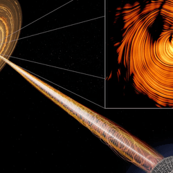 a schematic view of a supermasive black hole jet aligned with a radio antenna. And a radio map of the jet that looks of concentric ring like structures. 