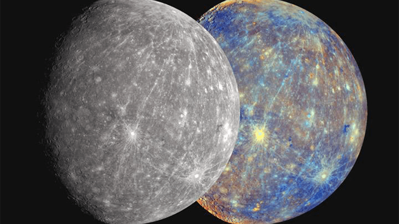 Mercury seen in true color (left) and in an exaggerated color view to highlight its features.