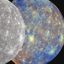 Mercury seen in true color (left) and in an exaggerated color view to highlight its features.