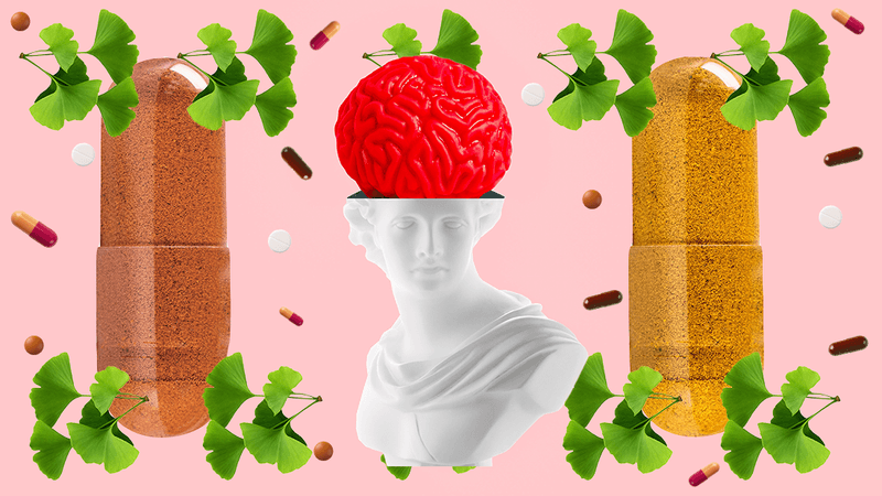 Statue with a brain above it, surrounded by pills and plants, illustrating an article about nootropics and cognitive enhancement.