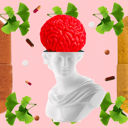 Statue with a brain above it, surrounded by pills and plants, illustrating an article about nootropics and cognitive enhancement.
