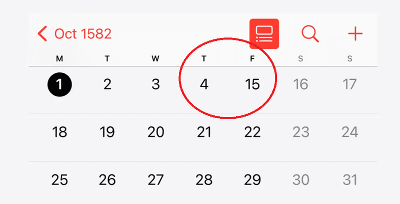 October 1582 calendar on iPhone missing 10 days.