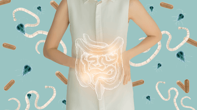 long white worms and blue Giardia lamblia parasites with brown capsules scattered on a duck-egg blue background, with a person in the middle (visible only from hips to shoulders) wearing a sleeveless white shirt and with a white drawing of the human intestines overlaid