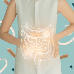 long white worms and blue Giardia lamblia parasites with brown capsules scattered on a duck-egg blue background, with a person in the middle (visible only from hips to shoulders) wearing a sleeveless white shirt and with a white drawing of the human intestines overlaid