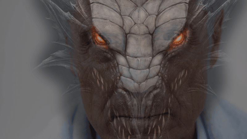 a man's face appearing to morph into that of a dragon