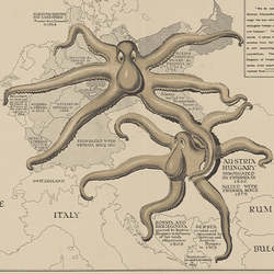 Print shows a map of Europe with two octopuses superimposed, tentacles outstretched, over territories annexed, invaded, subjugated, etc. by Prussia.