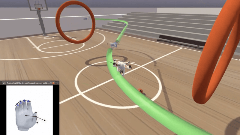 a quadcopter game showing a path to be followed and obstacles to be navigated in a simulated gym environment
