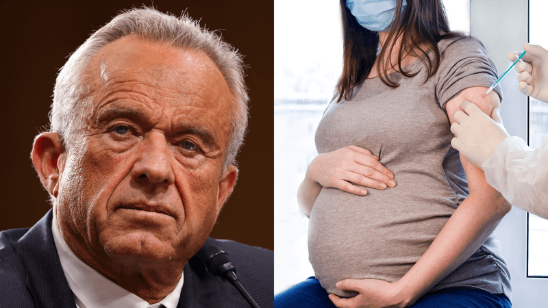 Robert F Kennedy Jr at his confirmation hearing (left); a pregnant person receiving an injection (right)