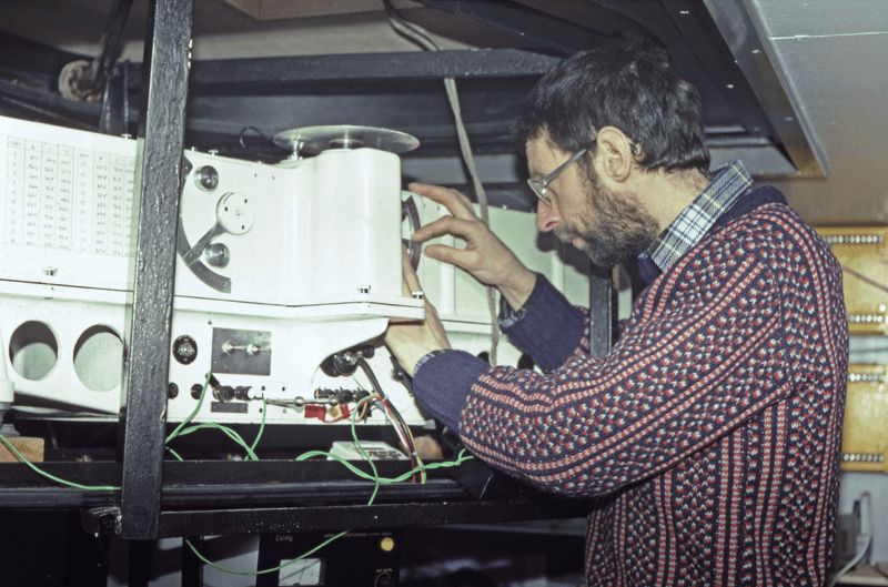 Shanklin using a Dobson spectrophotometer inside the Faraday Station of Antarctic