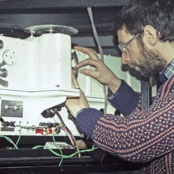 Shanklin using a Dobson spectrophotometer inside the Faraday Station of Antarctic