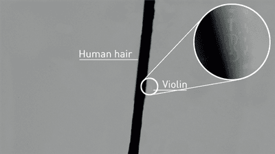 A photo showing a microscope image of a hair with the tiny violin next to it. In the main image, the violin is not actually visible next to the comparatively enormous hair that cuts through the centre of the image. The hair is effectively a black line in the middle of the picture, but there is a zoomed in bubble to the top right of the image showing the violin close up.
