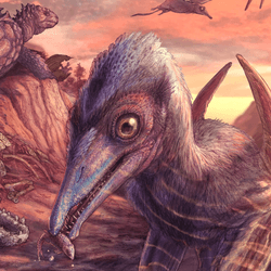 Artist's reconstruction of Eotephradactylus mcintireae, North America's oldest known pterosaur, with the continent's first turtle in the background.